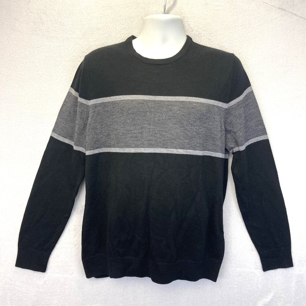 Banana Republic Mens Merino Wool Sweater Large Black Gray Striped 707339-01